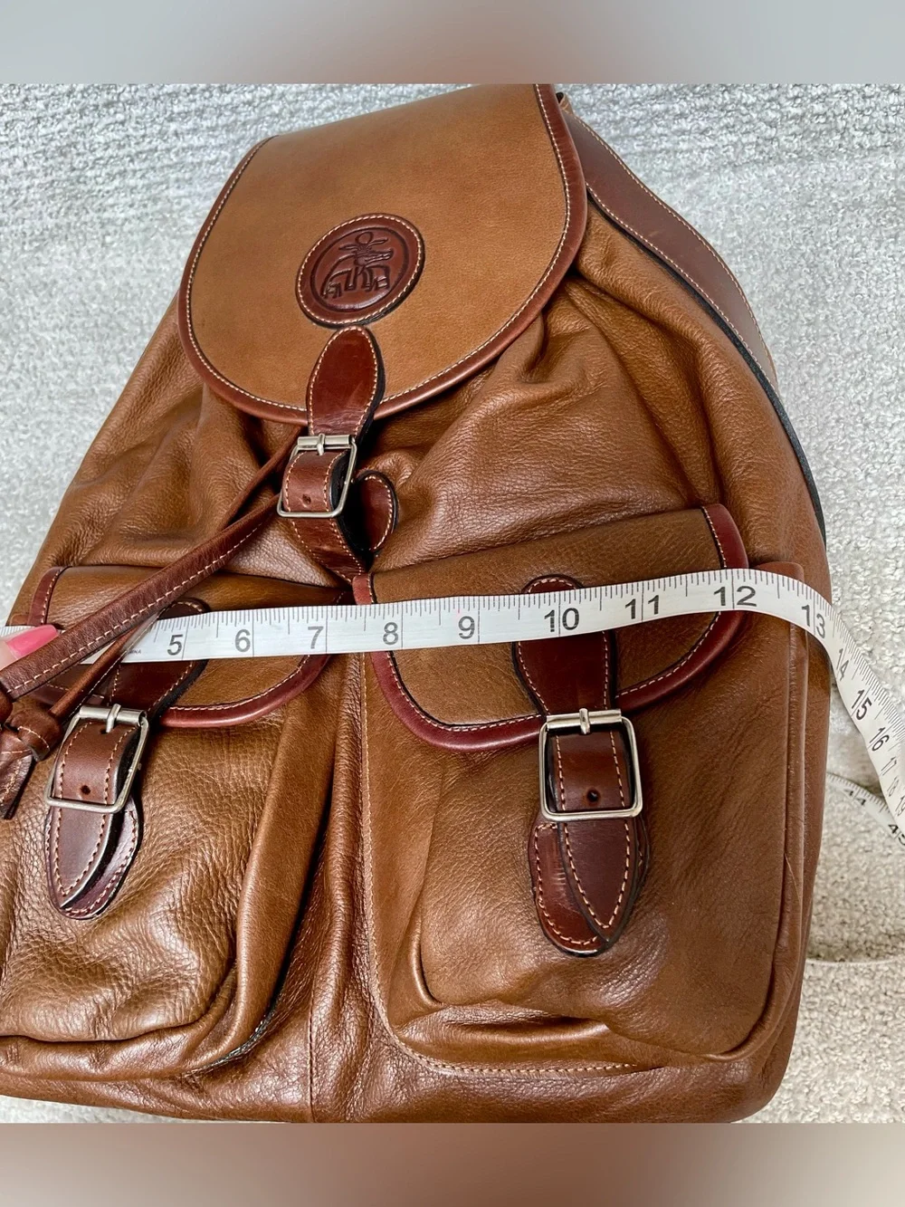 Vintage Artisan Brown Leather Backpack Embossed Crocodile/Alligator Emblem